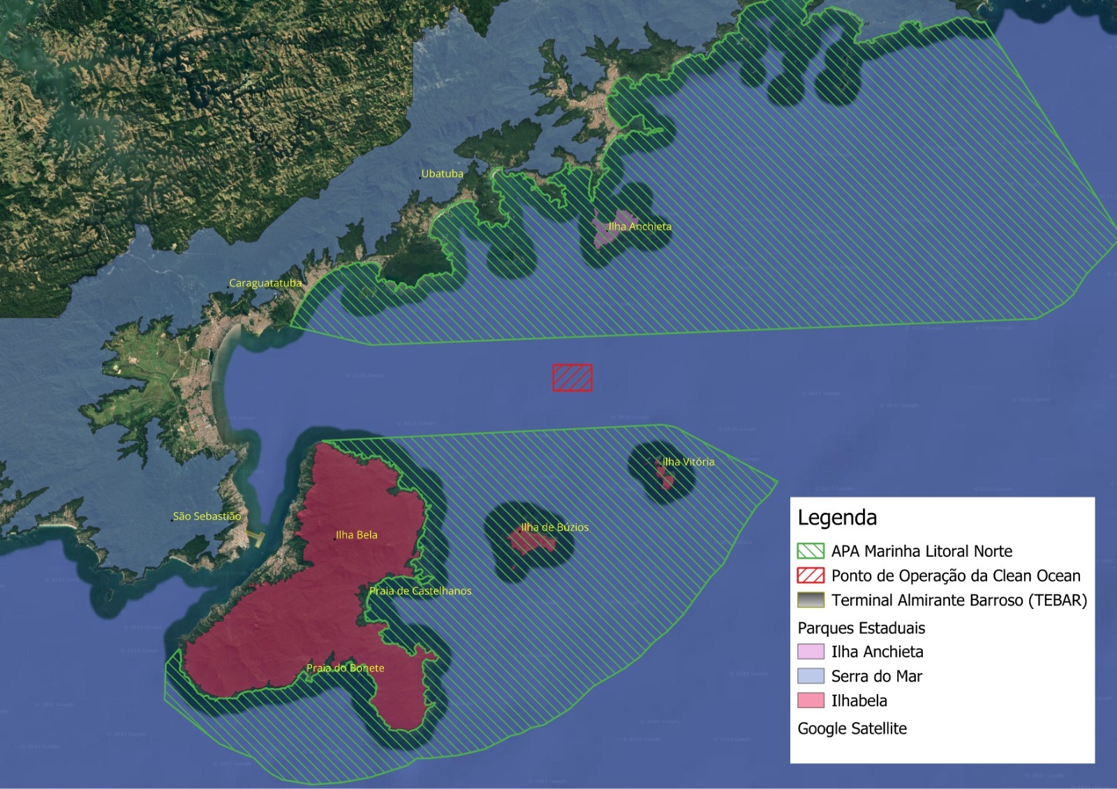Mapa do Litoral Norte de São Paulo mostrando o ponto de operação da Clean Ocean entre Ubatuba, Caraguatatuba, São Sebastião e Ilhabela, sobreposto à APA Marinha Litoral Norte e aos Parques Estaduais de Ilha Anchieta, Serra do Mar e Ilhabela