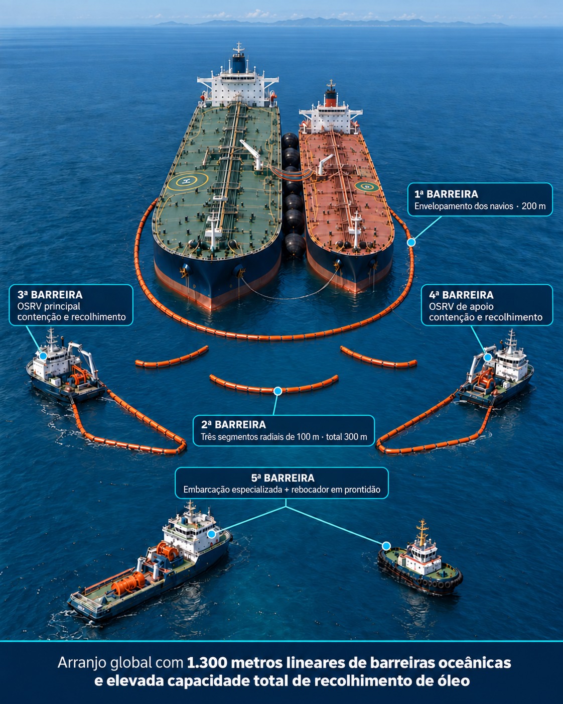 Infográfico das cinco barreiras de contenção posicionadas ao redor dos dois navios durante a operação STS, somando 1.300 metros lineares de barreiras oceânicas